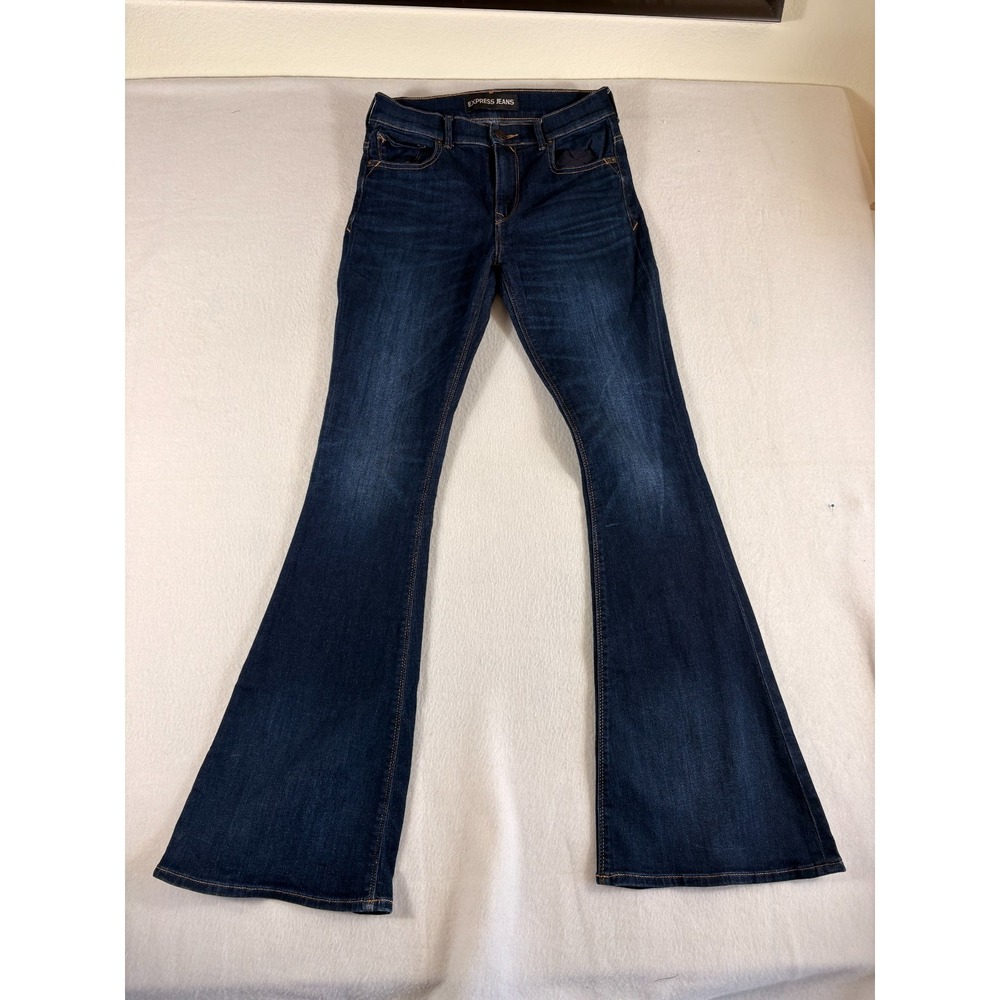 Express Flare Jeans Womens 2 Blue Denim Cotton Stretch Dark Wash Mid Rise Casual